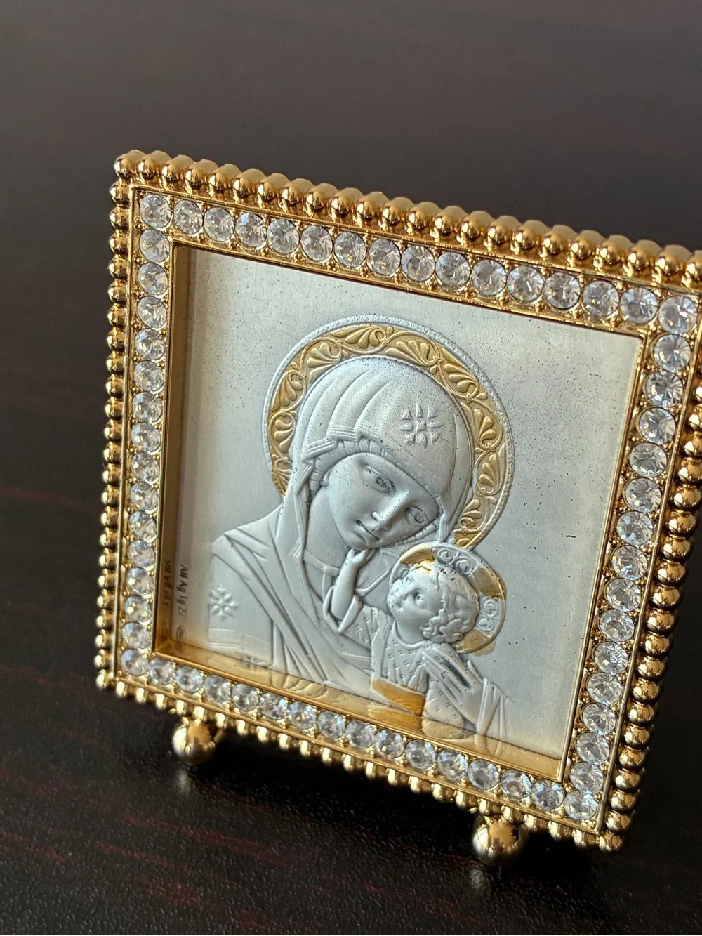 Sterling Silver Madonna and Child miniature plaque Crystal Frame